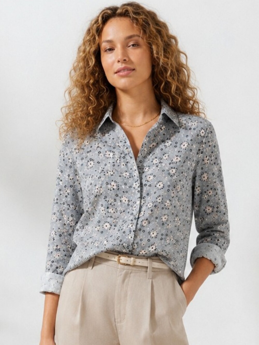 Misslook Gray Floral Button Down Blouse Long Sleeve Medium